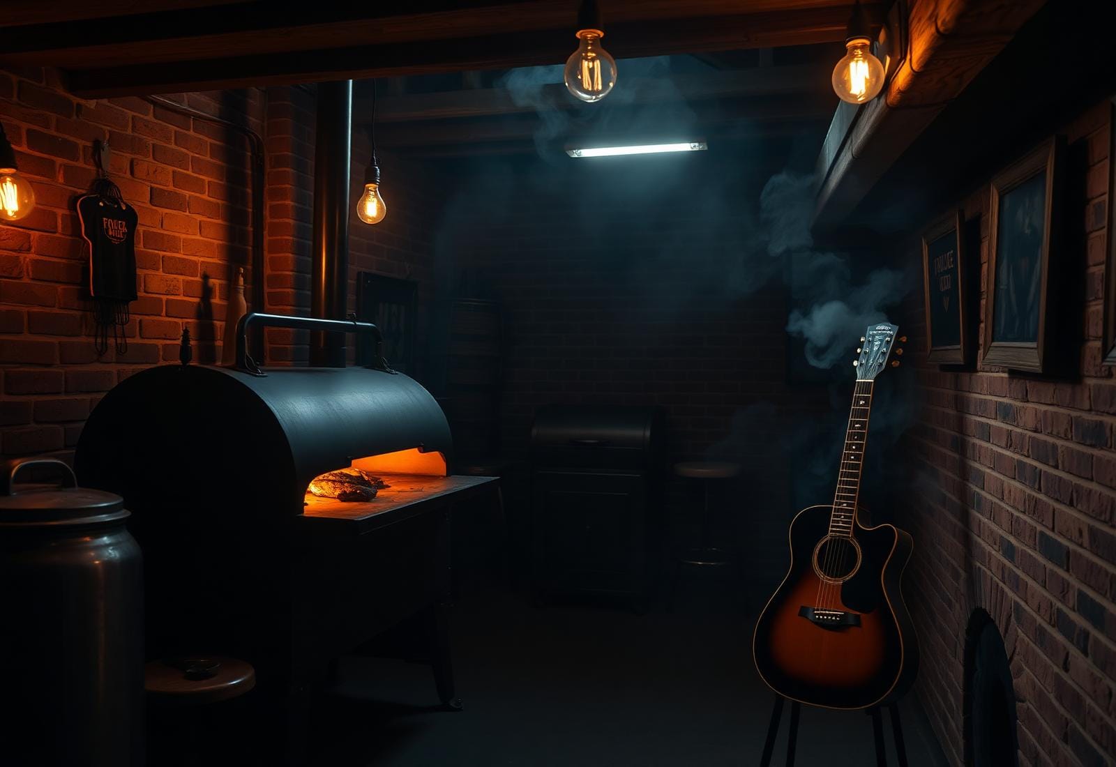 A moody southern BBQ pit room with a glowing smoker, blues guitar, and warm edison bulbs