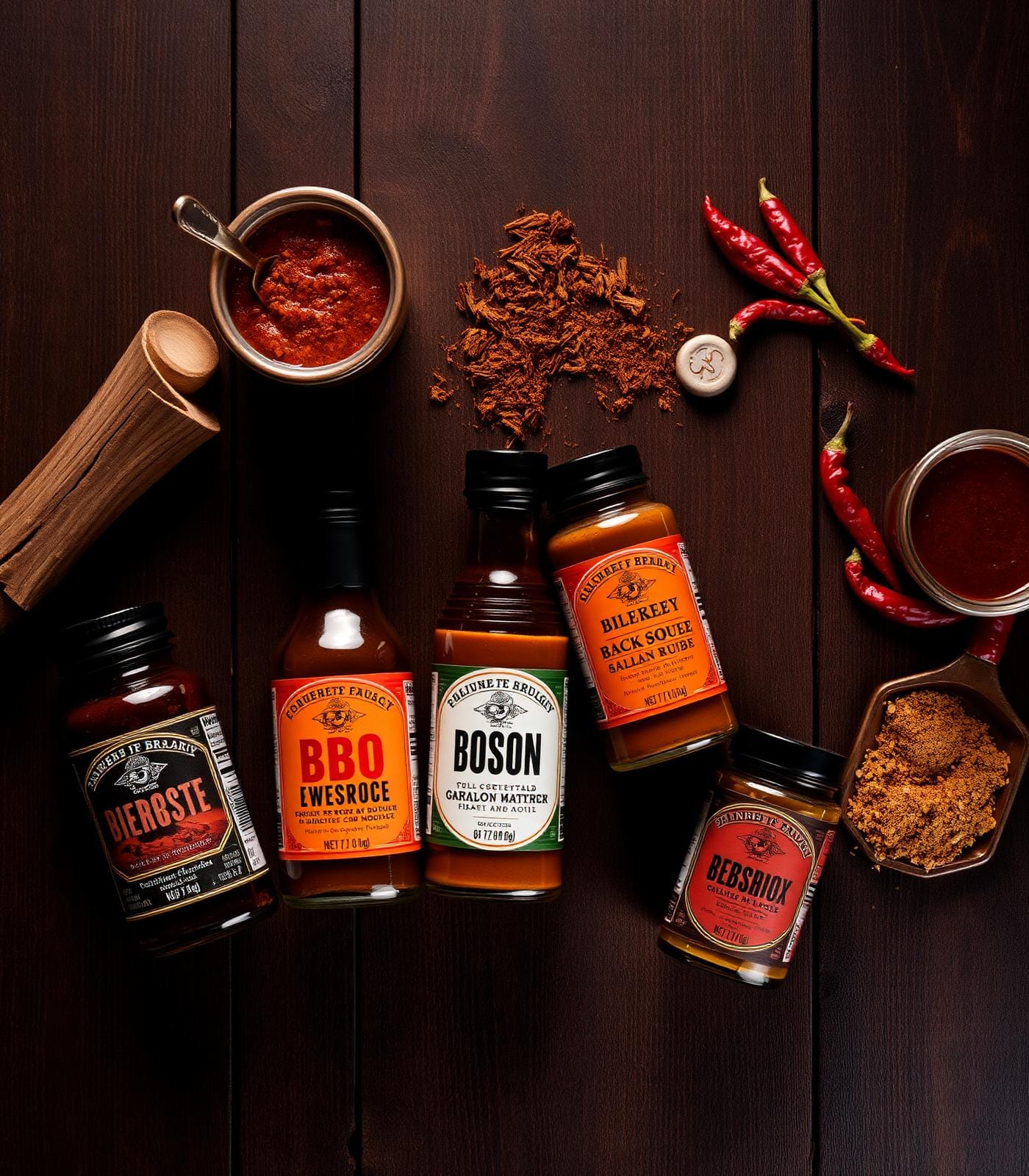 Overhead flatlay of Whiskey Blues BBQ sauces and rubs on dark reclaimed oak