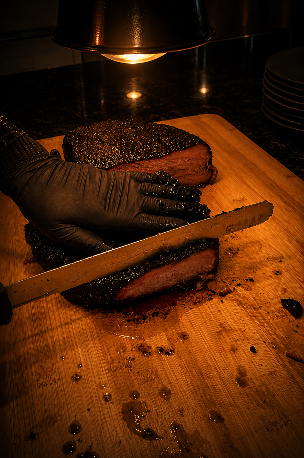 Overhead flatlay of Whiskey Blues BBQ sauces and rubs on dark reclaimed oak